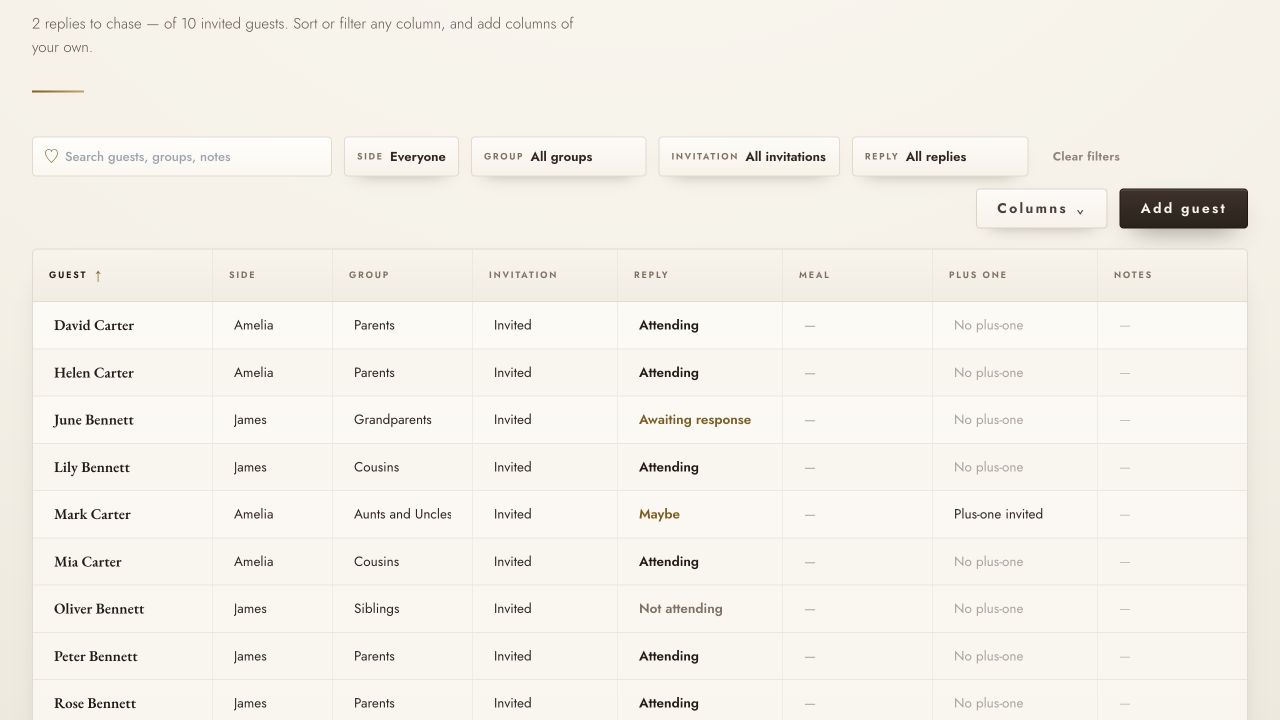 The Wedding Chapter spreadsheet-style guest list with sortable columns and inline information